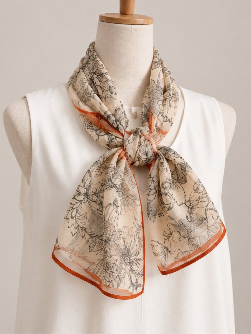 Floral Botanical Print Long Scarf – Beige with Rust Trim